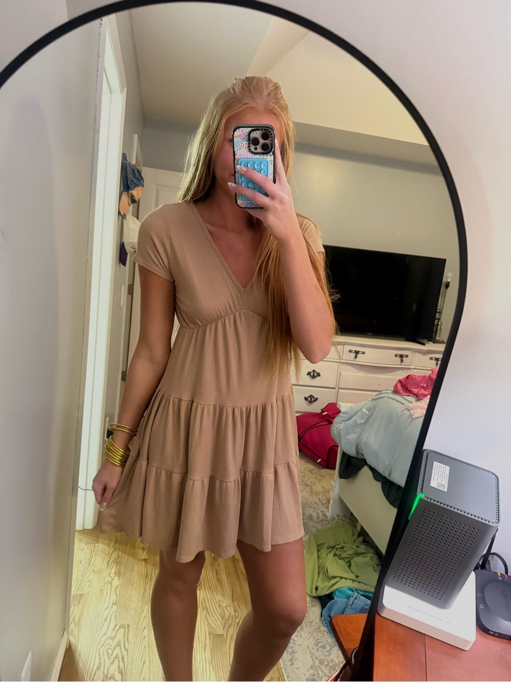 Beige Tiered V-Neck Short Sleeve Dress